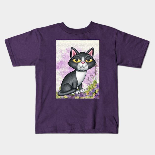 Fun black and white kitty cat with purplish flowers Kids T-Shirt by Danny Gordon Art